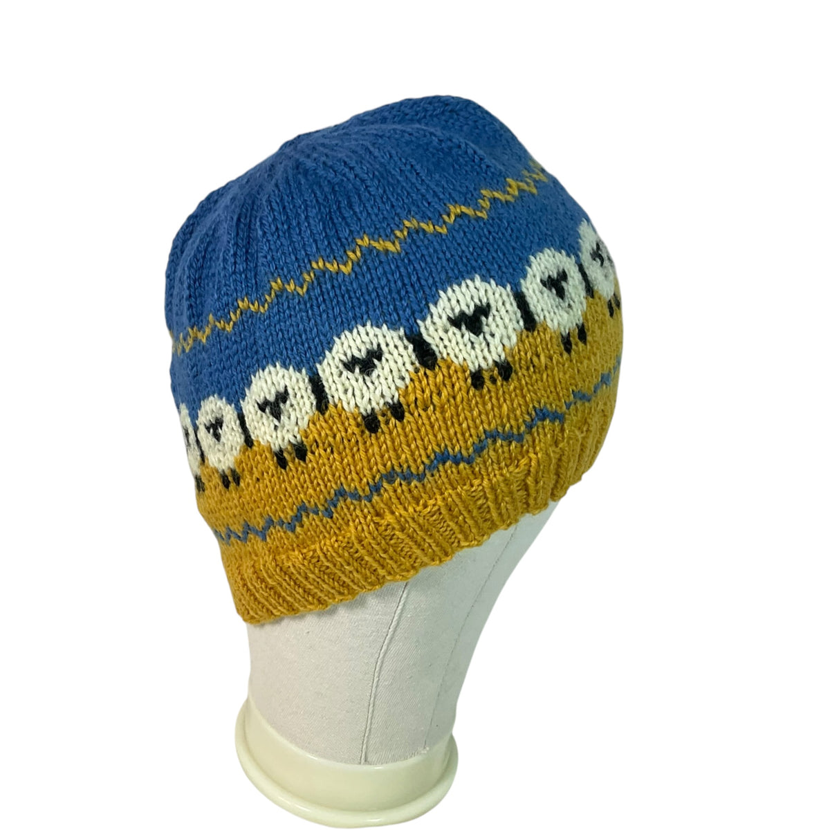 hand knit hat with sheep motif