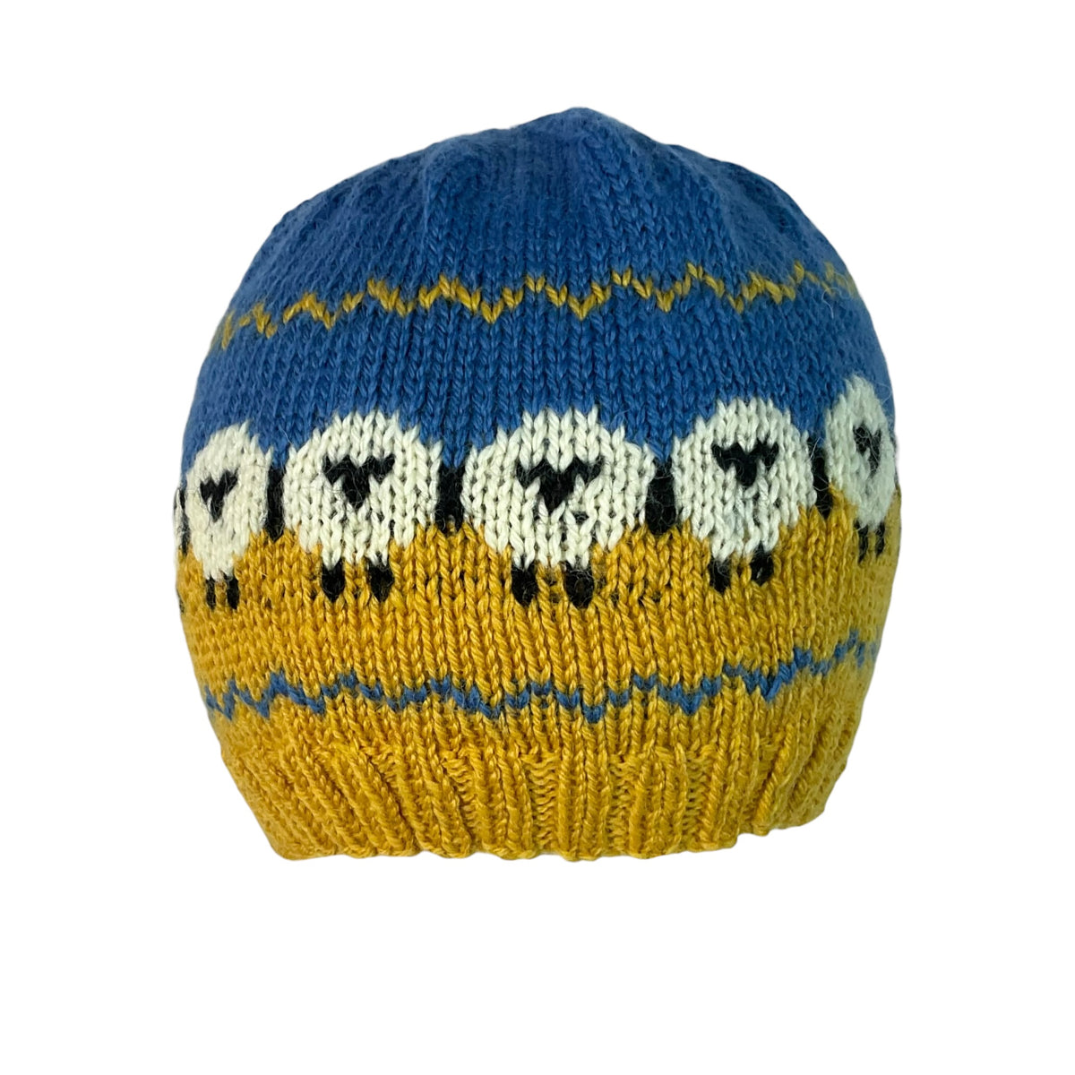 hand knit hat with sheep motif