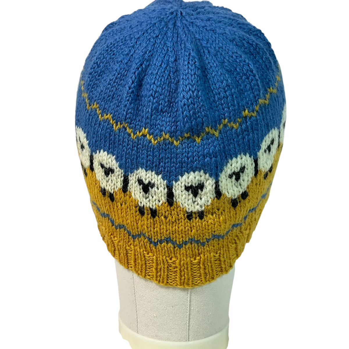 hand knit hat with sheep motif