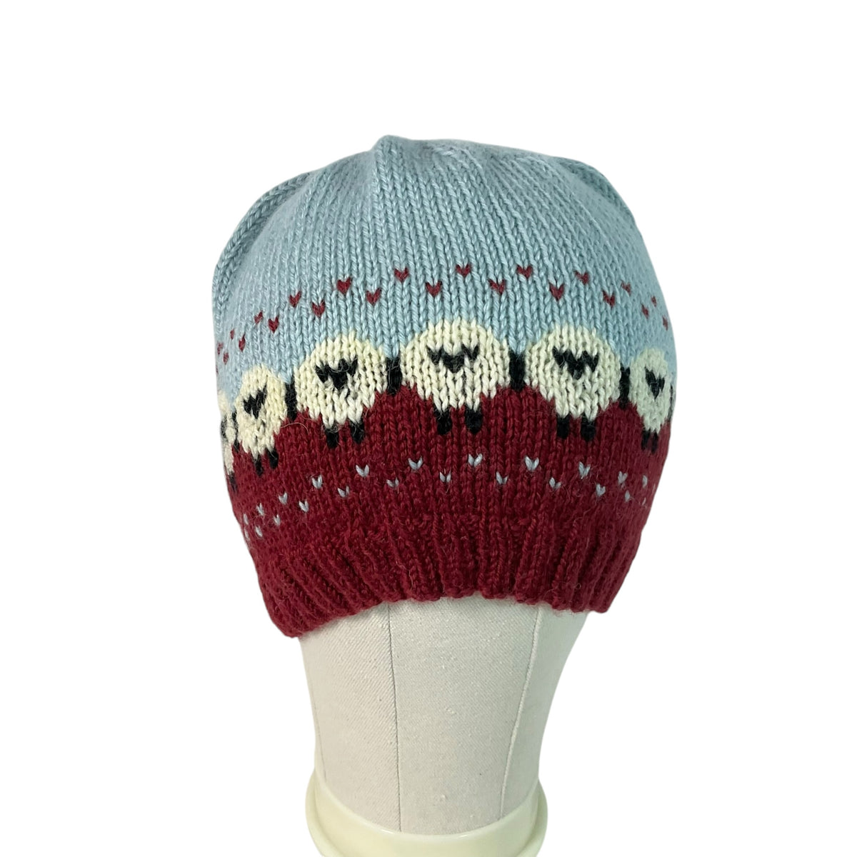 hand knit hat with sheep motif