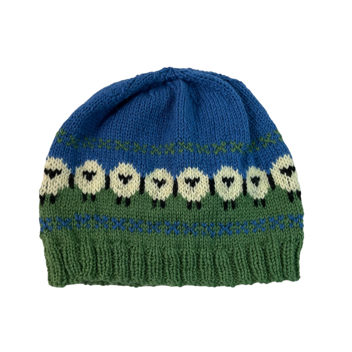 hand knit hat with sheep motif