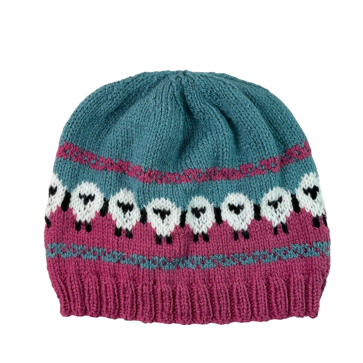 hand knit hat with sheep motif, vegan beanie