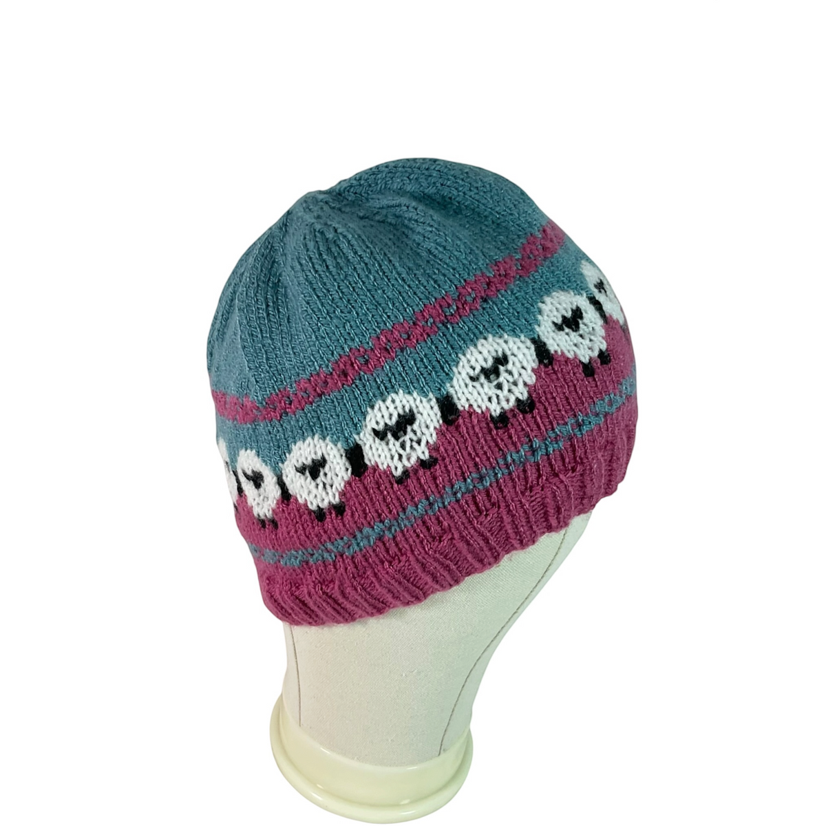 hand knit hat with sheep motif, vegan beanie