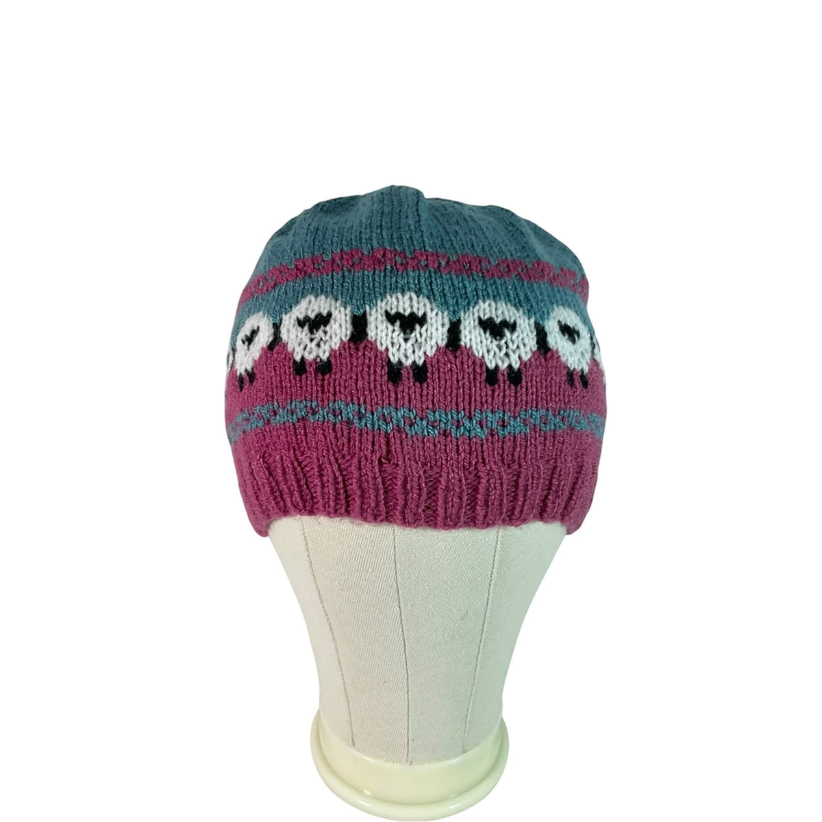 hand knit hat with sheep motif, vegan beanie