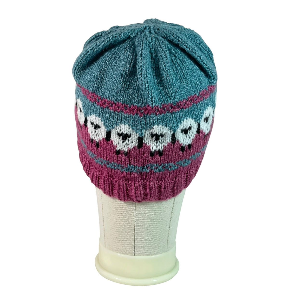 hand knit hat with sheep motif, vegan beanie