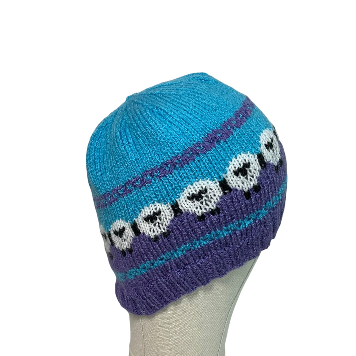 hand knit hat with lilac and turquoise sheep motif, vegan beanie