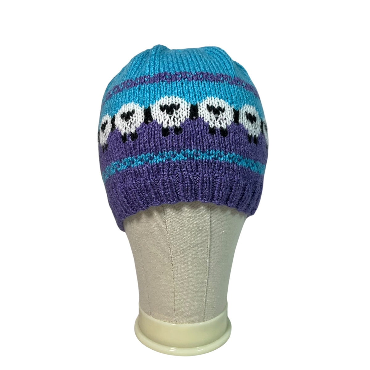 hand knit hat with lilac and turquoise sheep motif, vegan beanie