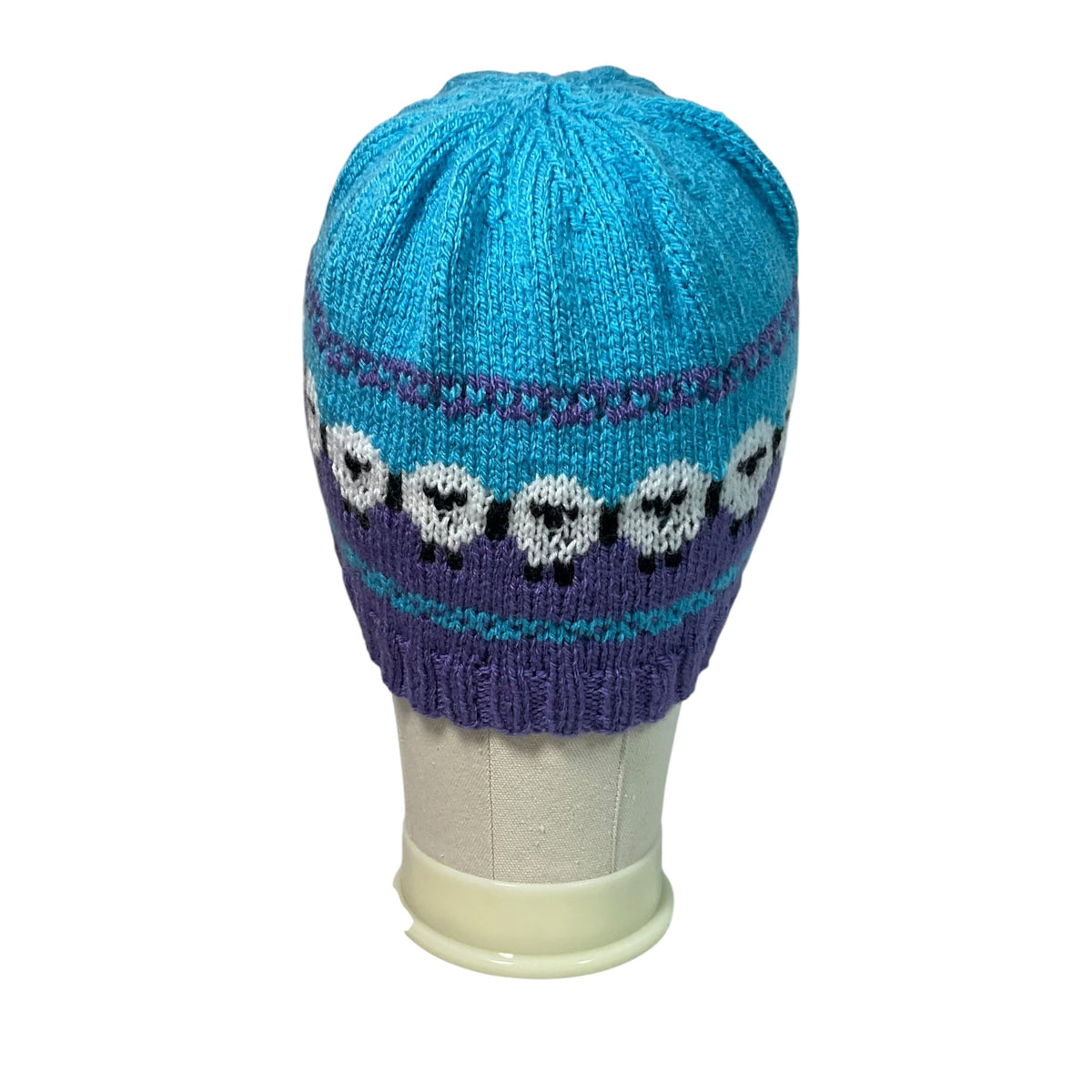 hand knit hat with lilac and turquoise sheep motif, vegan beanie