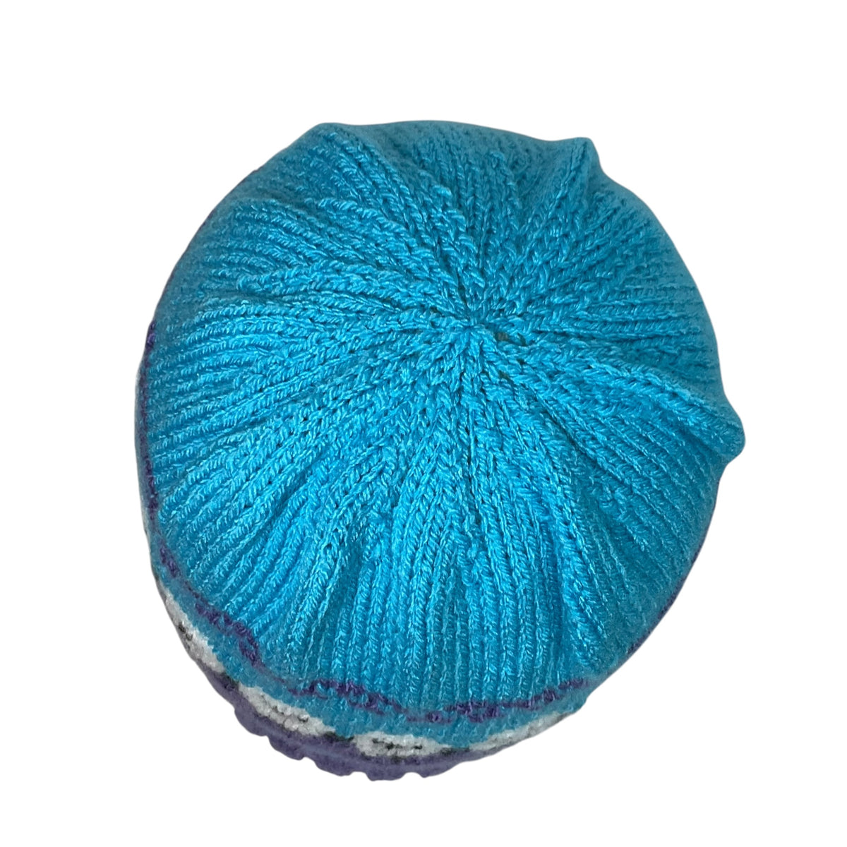 hand knit hat with lilac and turquoise sheep motif, vegan beanie