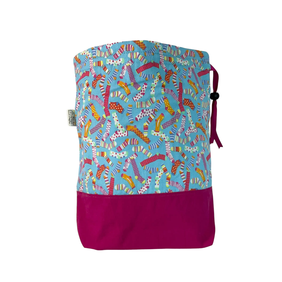 Two at a time drawstring knitting bag with socks  print