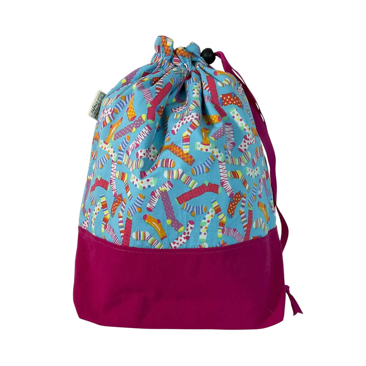 Two at a time drawstring knitting bag with socks  print