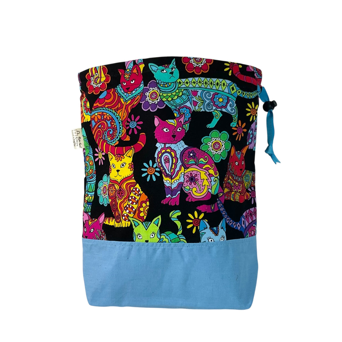 Knitting and crochet drawstring Two at a time project bag with cat print