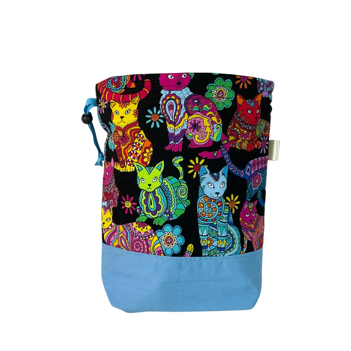 Knitting and crochet drawstring Two at a time project bag with cat print