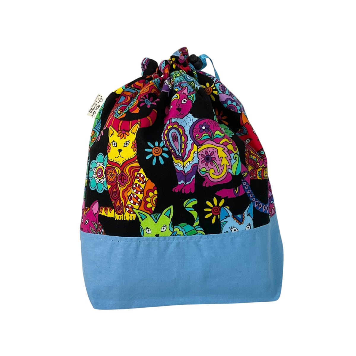 Knitting and crochet drawstring Two at a time project bag with cat print