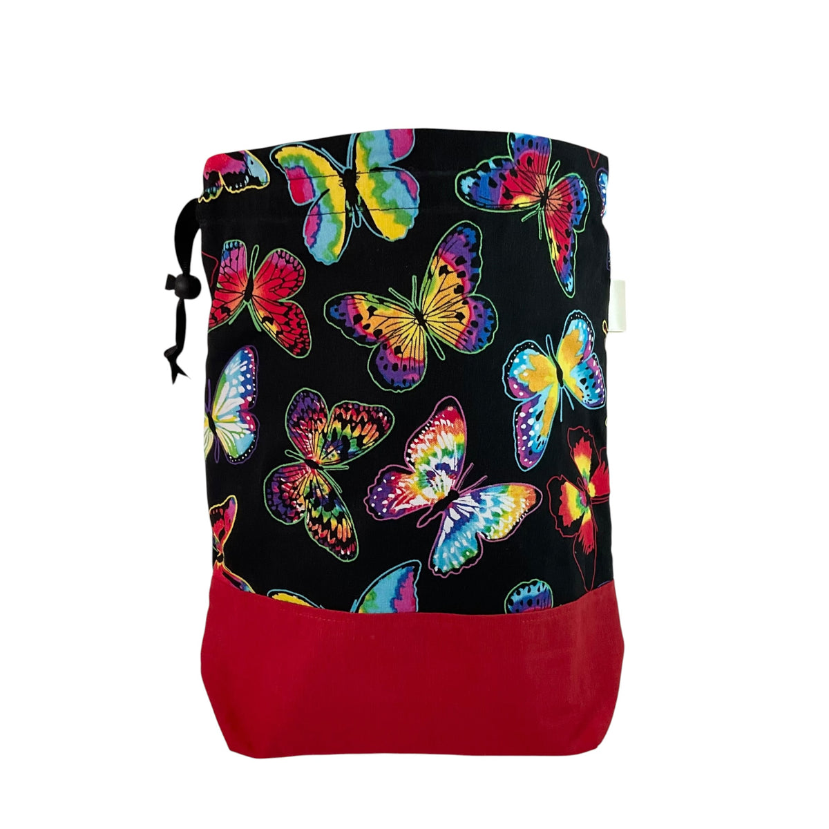 Knitting and crochet drawstring Two at a time project bag with butterfly print