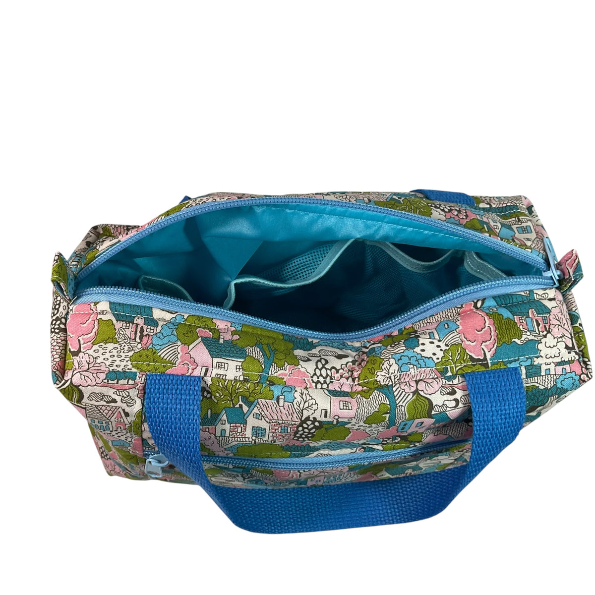 Liberty large pastel houses print toiletries bag with handles and zip pocket