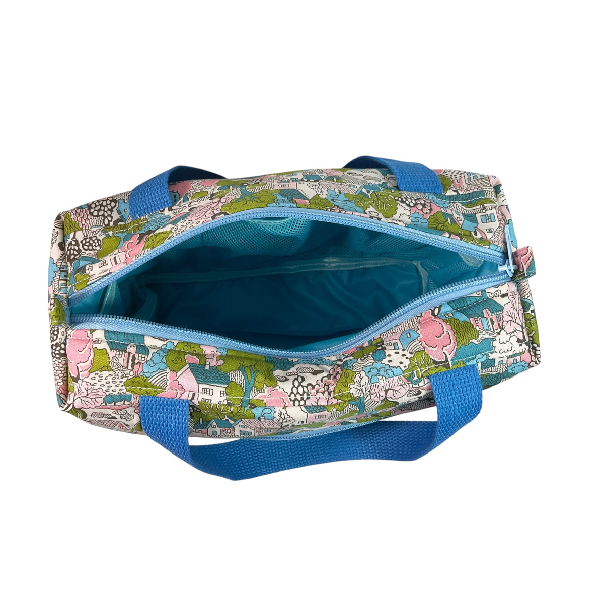 Liberty large pastel houses print toiletries bag with handles and zip pocket