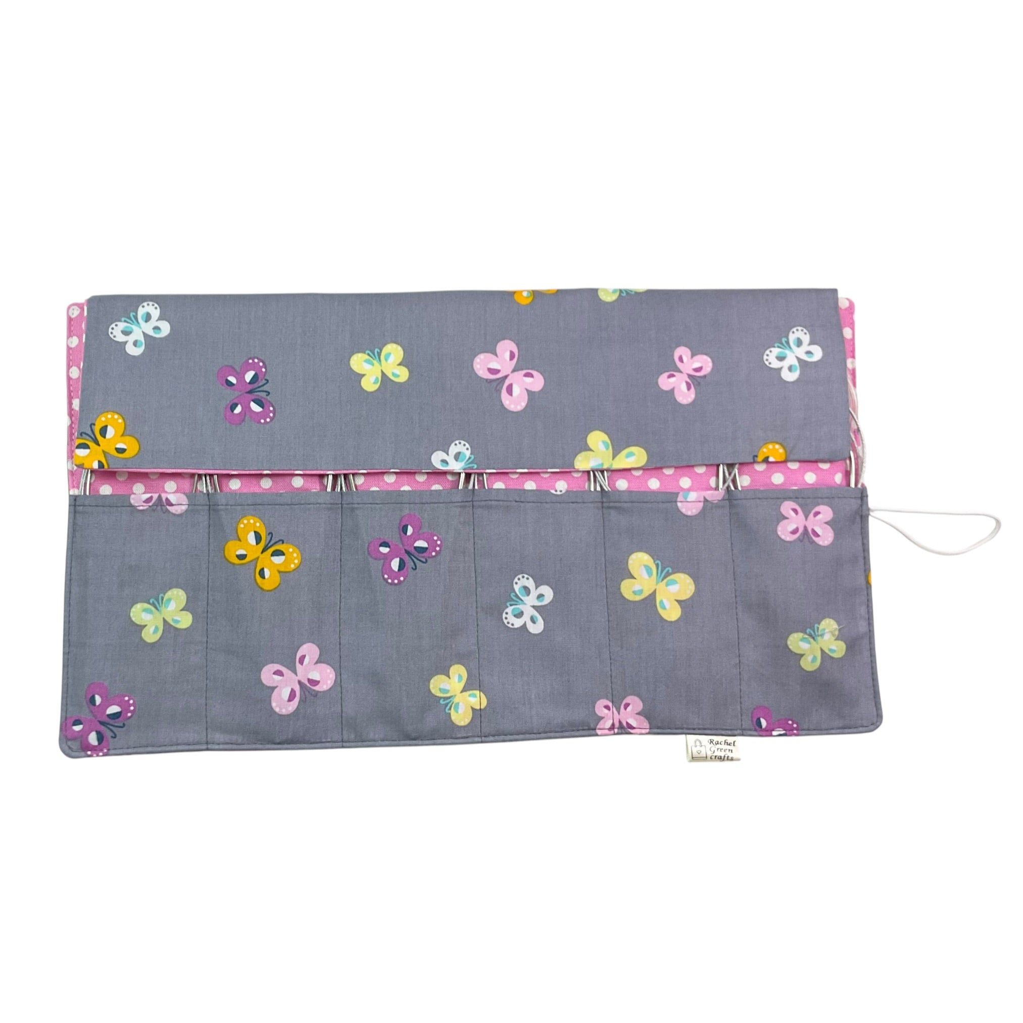 Floral Circular knitting needle case with butterflies, butterfly fixed circular sock needles pouch, knitting needle roll, knitters gift