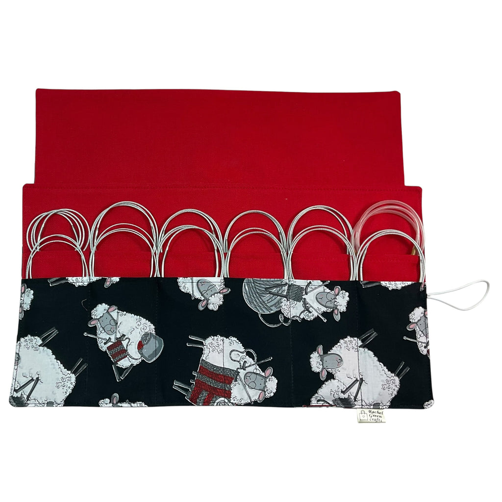 Circular knitting needle case with sheep,  fixed circular wallet,  sock needles storage pouch, knitters gift
