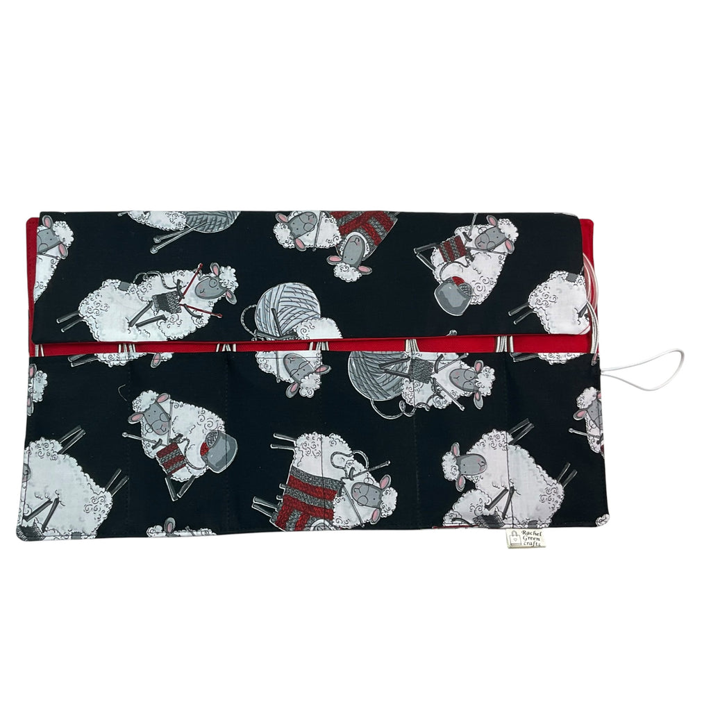 Circular knitting needle case with sheep,  fixed circular wallet,  sock needles storage pouch, knitters gift