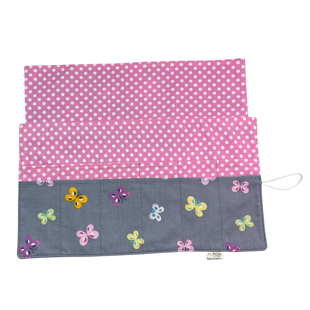 Floral Circular knitting needle case with butterflies, butterfly fixed circular sock needles pouch, knitting needle roll, knitters gift