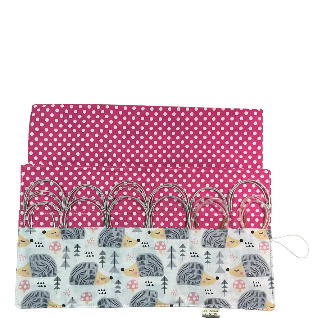 Floral Circular knitting needle case with hedgehogs and toadstools, fixed circular sock needles pouch, knitting needle roll, knitters gift