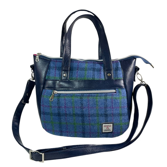 Harris tweed Crossbody Handbag with blue faux leather