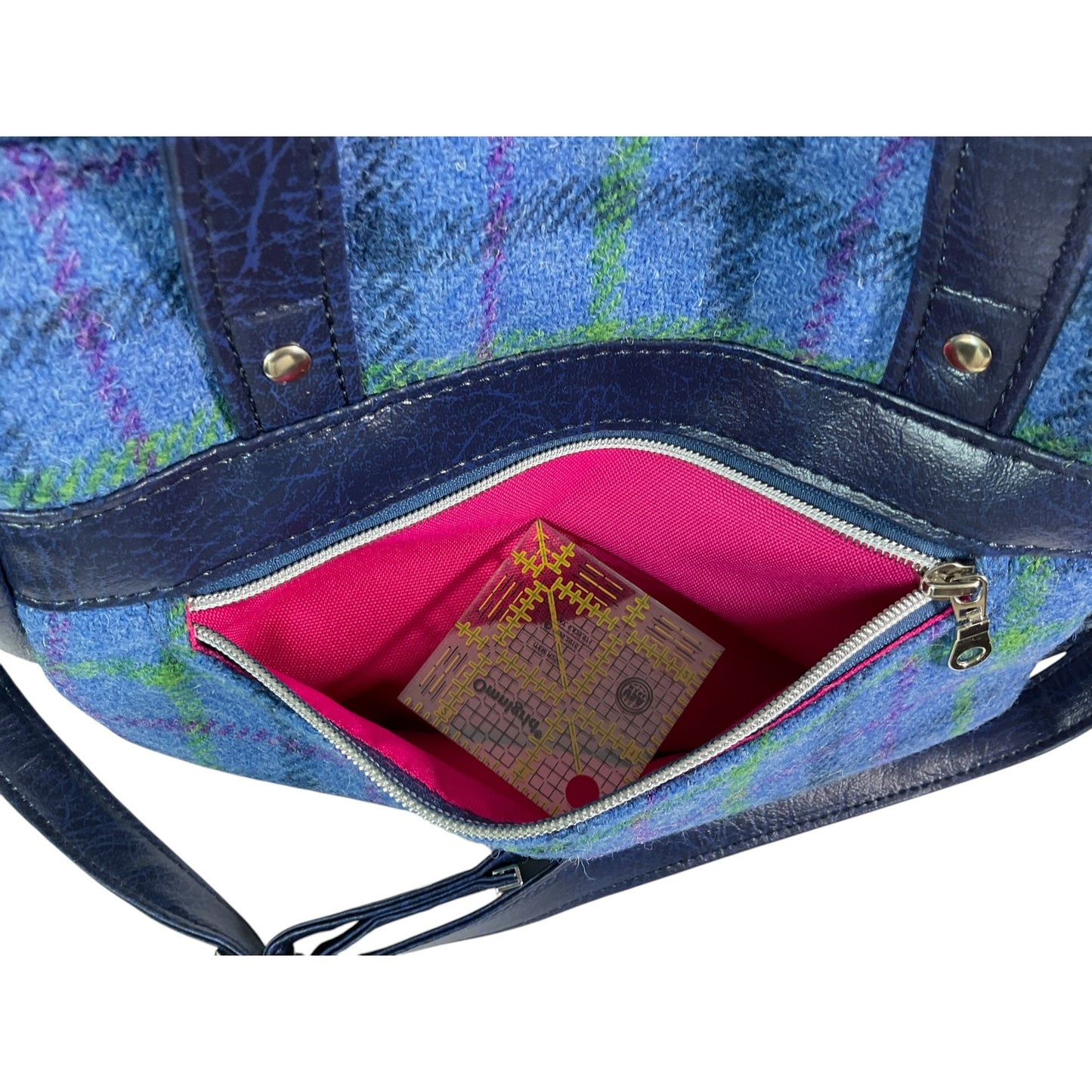 Harris tweed Crossbody Handbag with blue faux leather