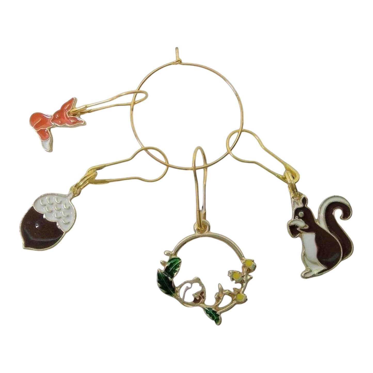 Squirrel and fox enamelled stitch markers for knitting and crochet