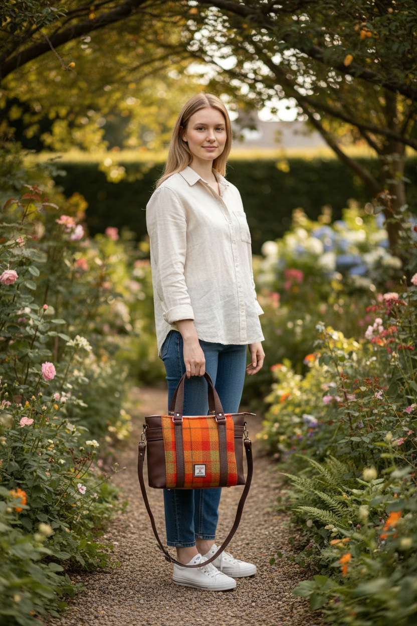 Harris tweed Crossbody Handbag with chocolate genuine leather