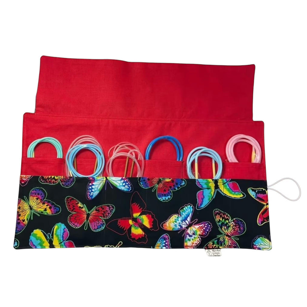 Floral Circular knitting needle case with butterflies, tie dye butterfly fixed circular sock needles pouch, knitting needle roll, knitters gift (Copy)