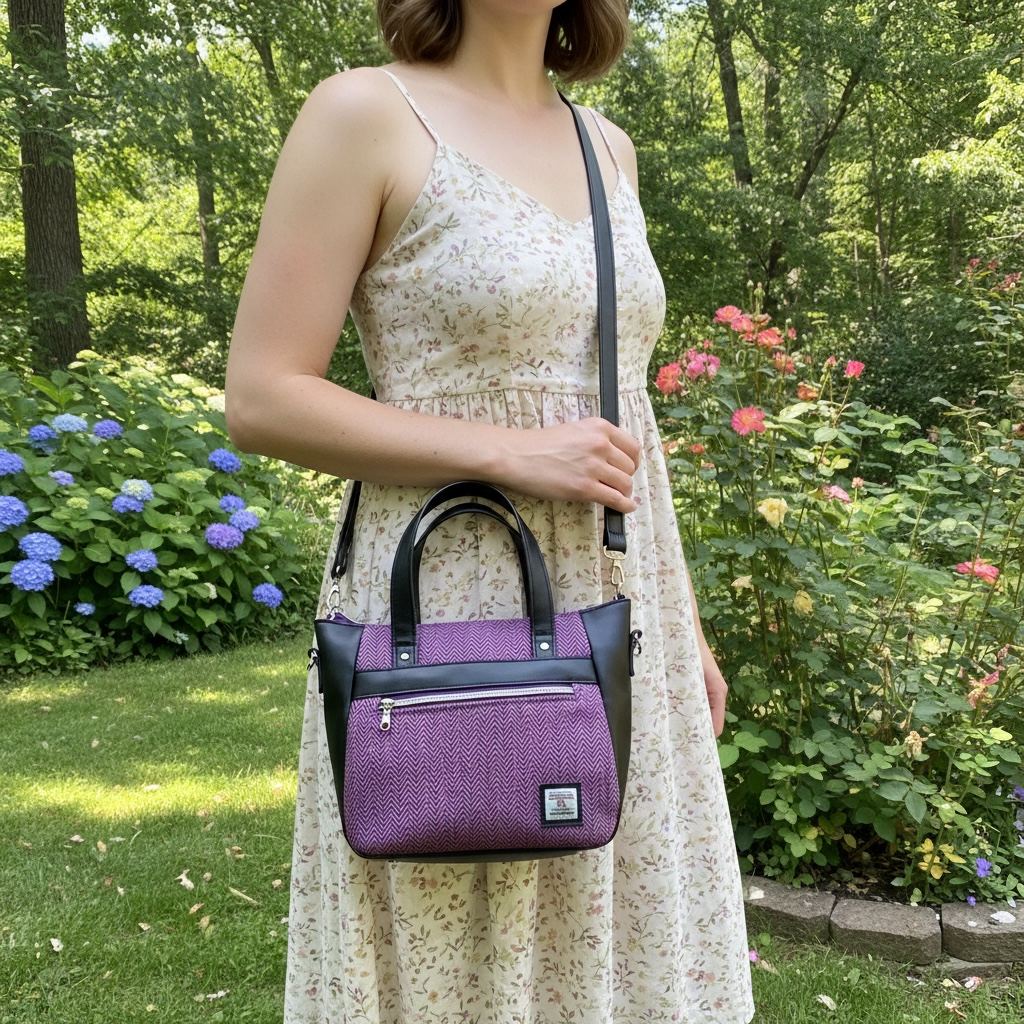 Harris tweed Crossbody Handbag with black faux leather