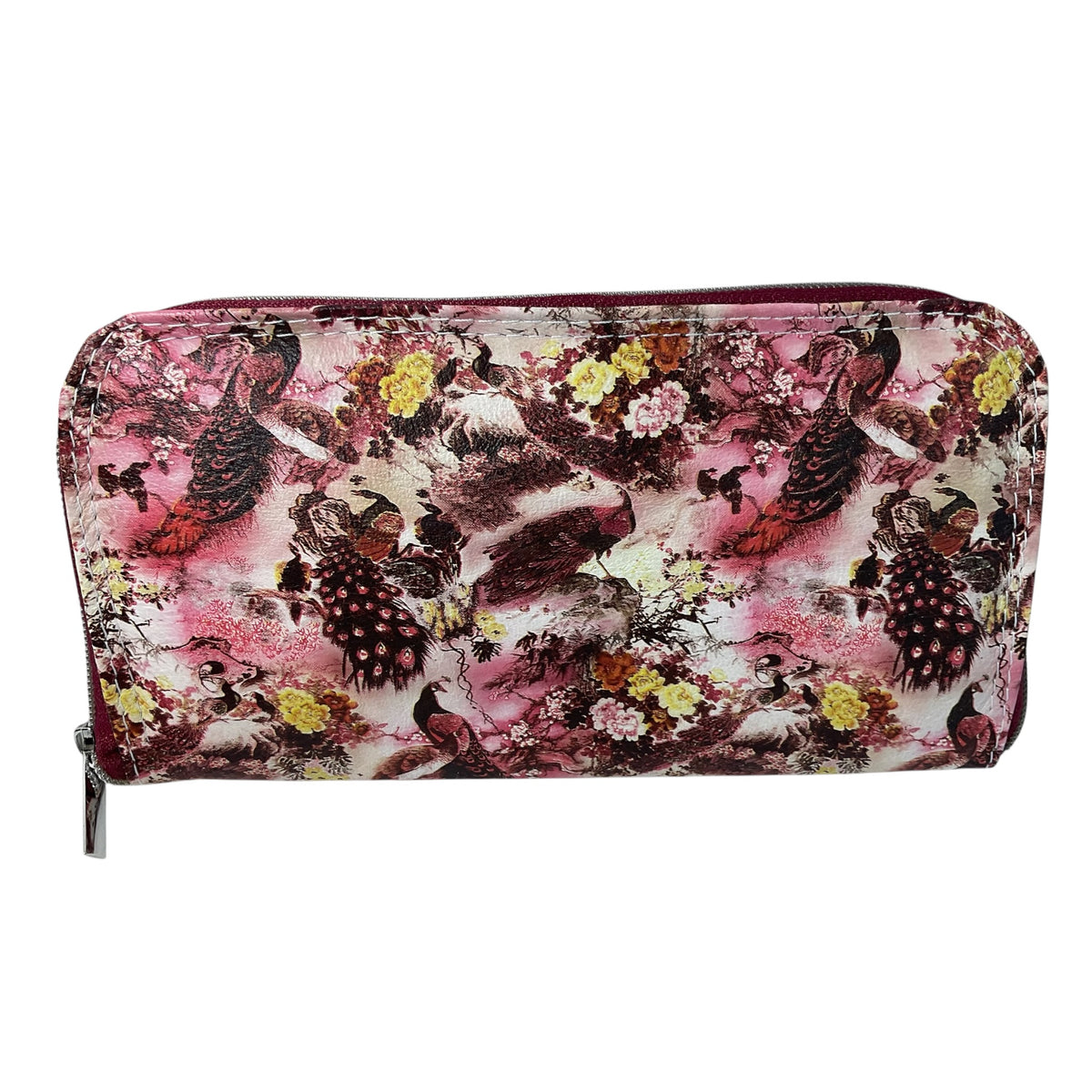 Wallet/ purse made from genuine leather with floral peacock print, full zip around