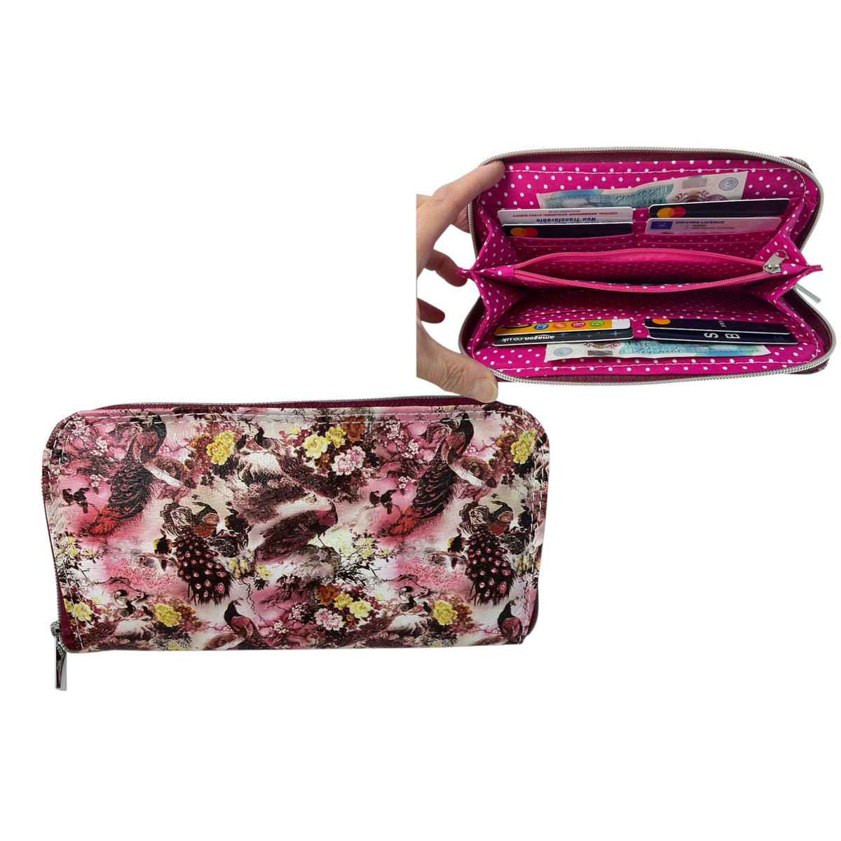 Wallet/ purse made from genuine leather with floral peacock print, full zip around