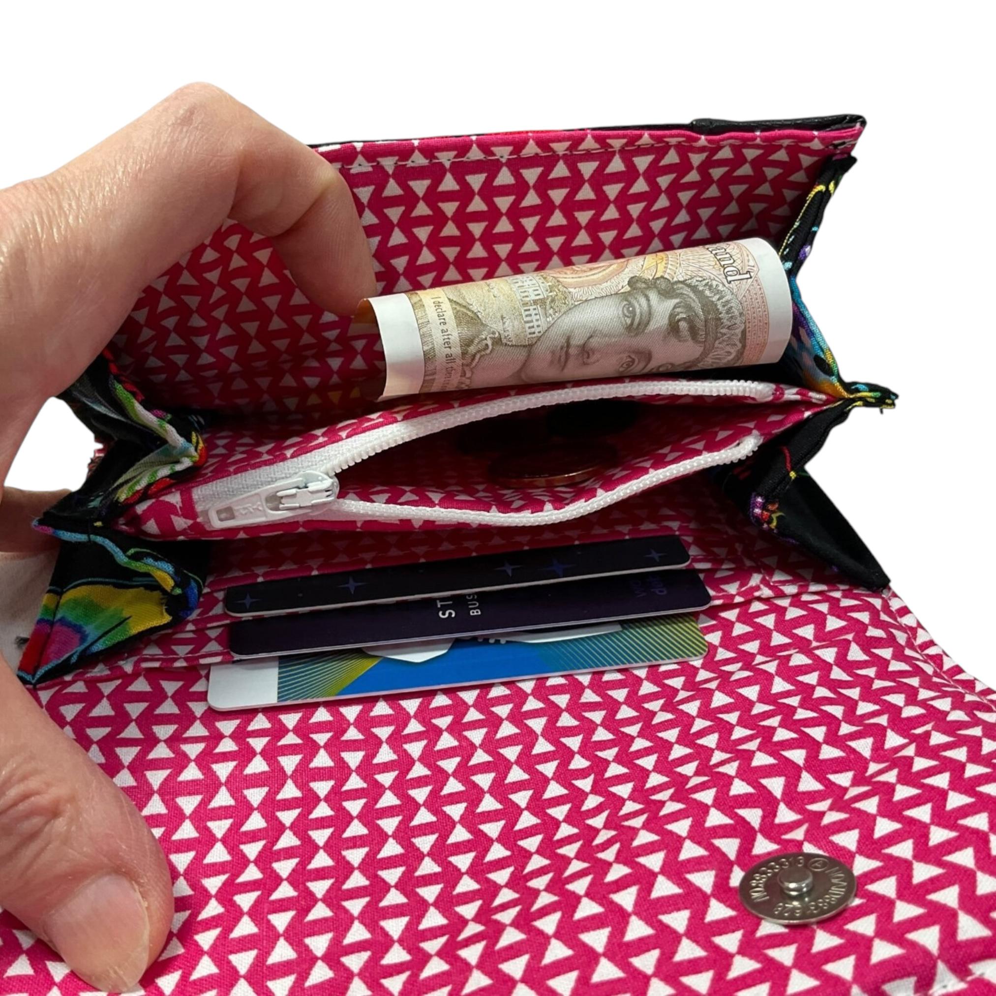 Ladies purse in faux leather and cotton canvas fabric, concertina style coin and card wallet, butterfly, cats and strawberry thief print