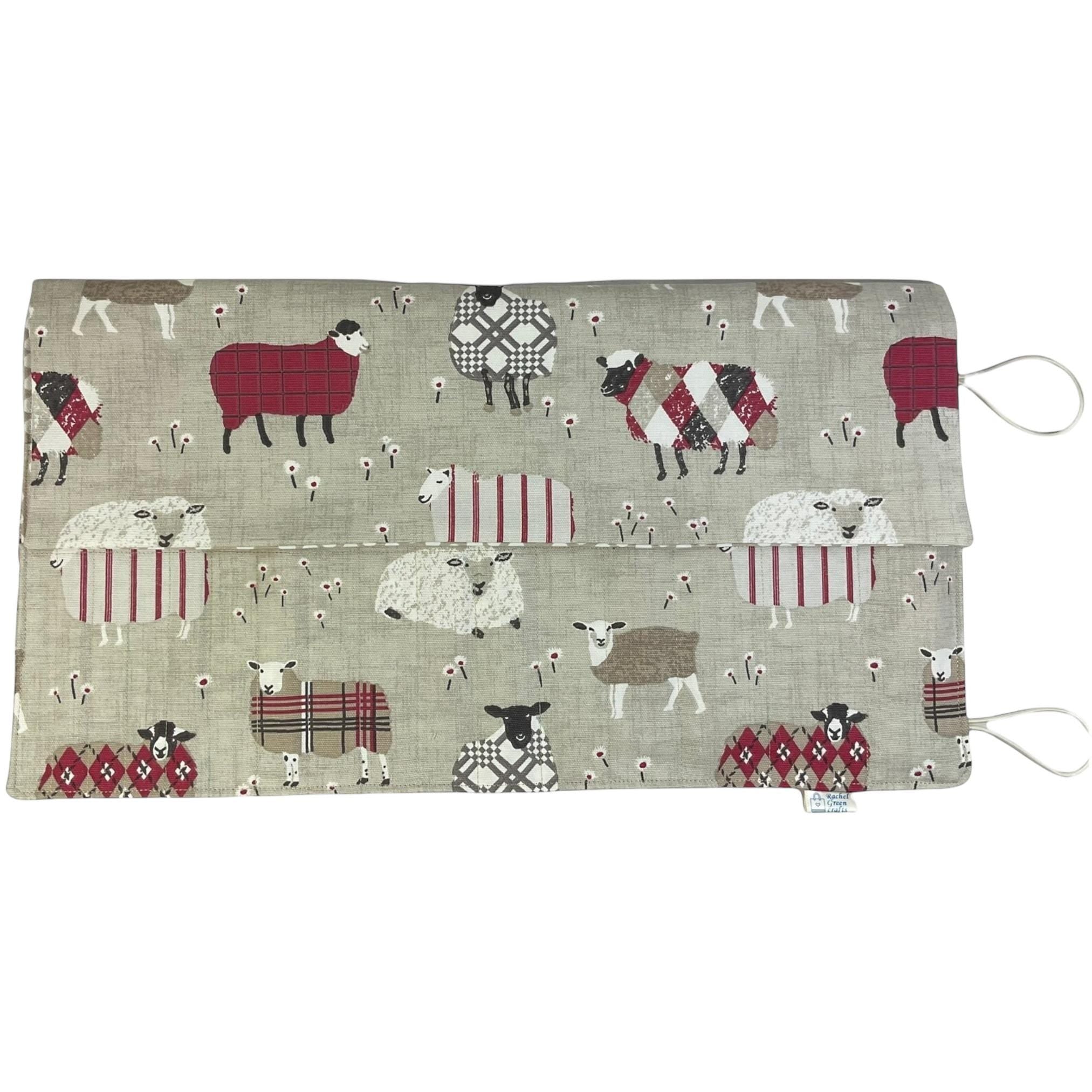 Double pointed knitting needle case with natural and red sheep,  DPN or crochet hook case, sock knitters gift,