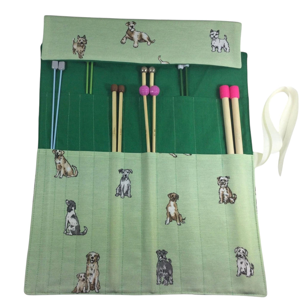 Straight knitting needle case with dogs, needle roll ,needle case, needle storage, knitting accessories, knitters gift,needle organiser