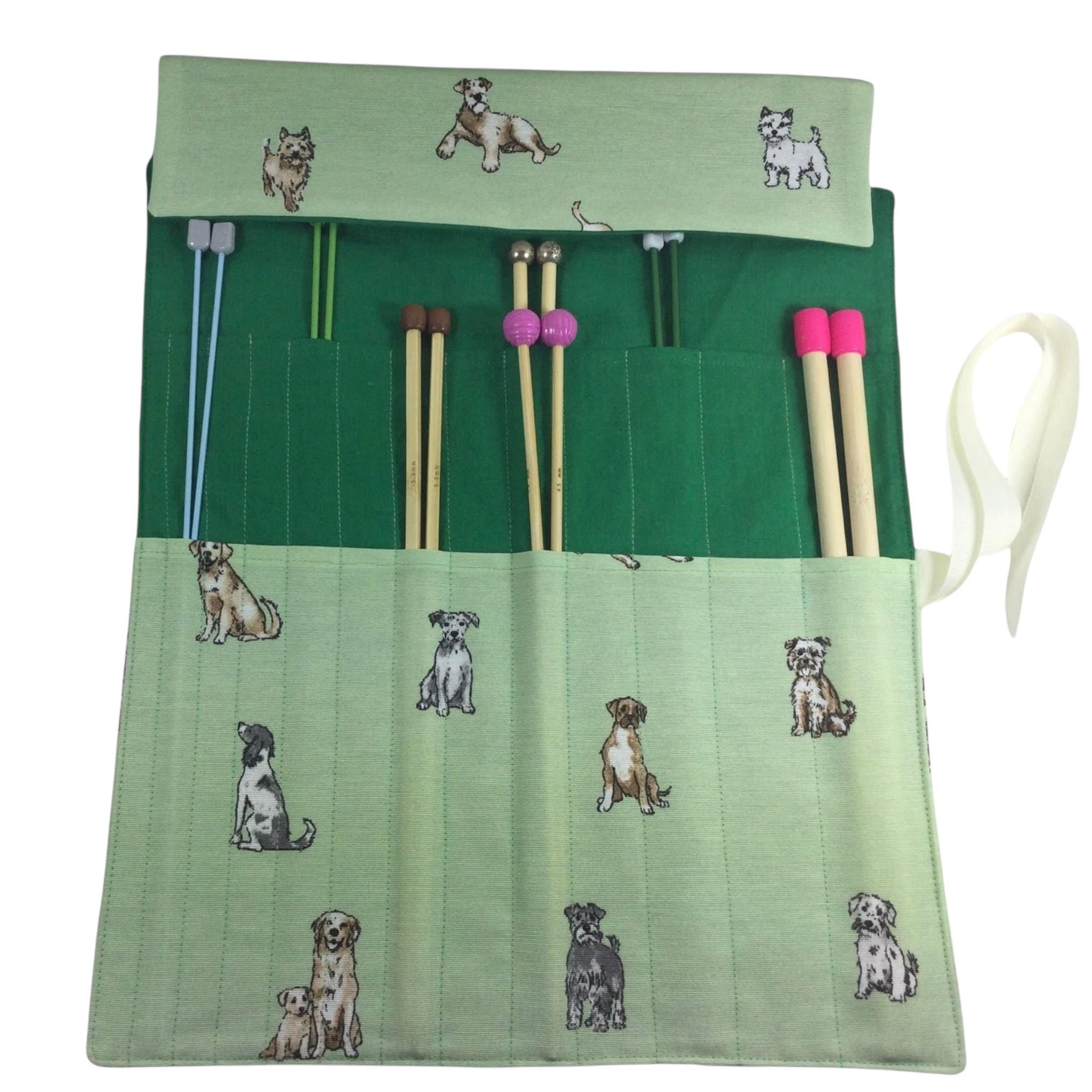 Straight knitting needle case with dogs, needle roll ,needle case, needle storage, knitting accessories, knitters gift,needle organiser