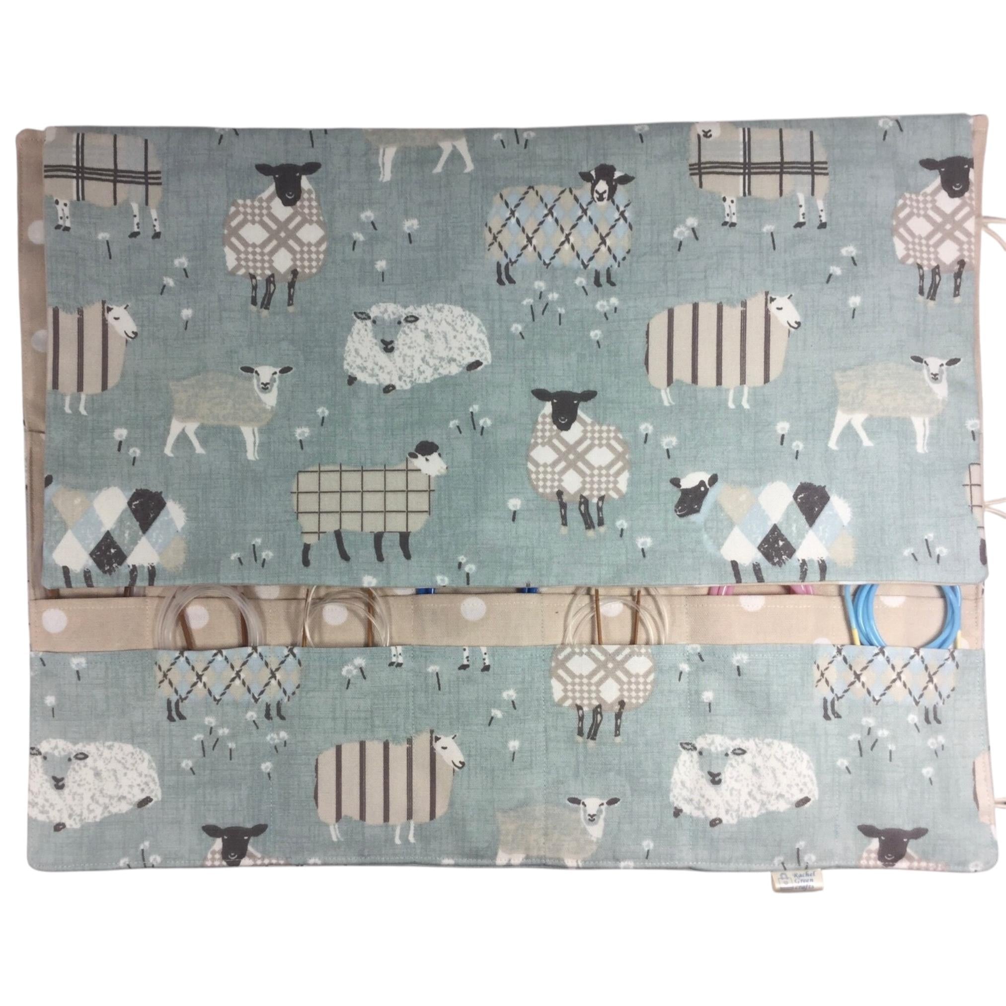 Straight and circular knitting needle case with blue sheep, knitting needle pouch,  needle storage, long needles wallet, fixed sock needle