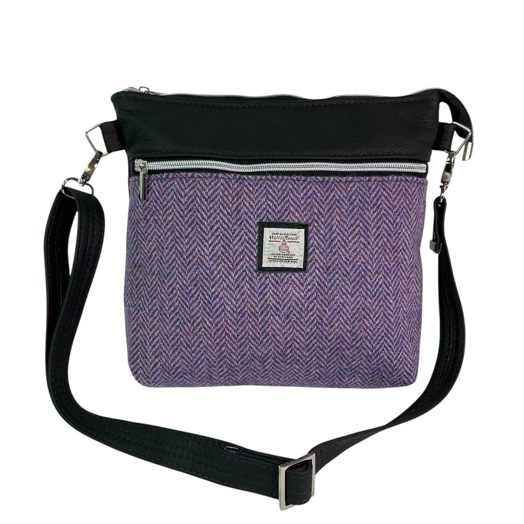 Handbag in genuine leather and Harris tweed tartan print pure wool,  blue and lilac herringbone medium sized zip top shoulder bag
