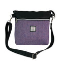 Handbag in genuine leather and Harris tweed tartan print pure wool,  blue and lilac herringbone medium sized zip top shoulder bag