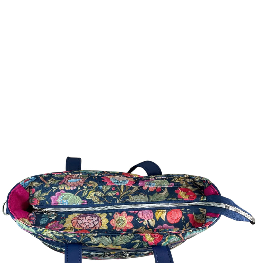 Crossbody Handbag with floral bird print, made in blue shade faux leather, unique large woodland shoulder tote, zip pocket,  ladies gift