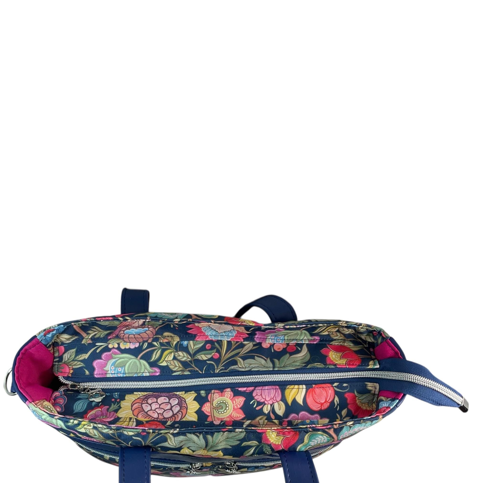 Crossbody Handbag with floral bird print, made in blue shade faux leather, unique large woodland shoulder tote, zip pocket,  ladies gift