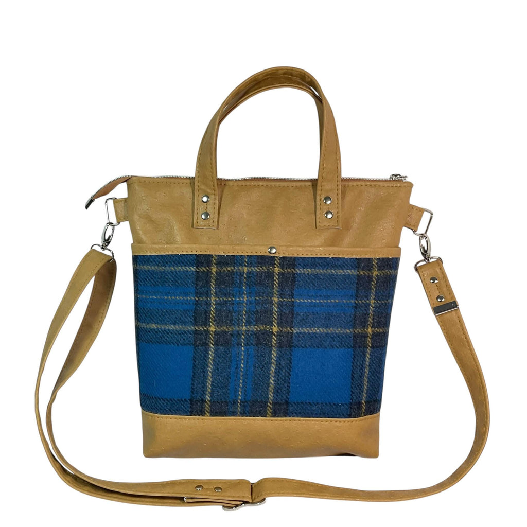 Handbag in faux Leather and blue British wool fabric, medium tote style zip top shoulder crossbody with carry handles