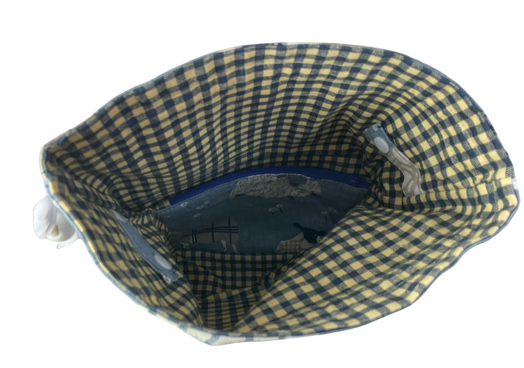 Two at a time knitting bag with tartan/plaid sheep, blue sock sack, drawstring divided, shoe, toiletries pouch, work in progress, WIP