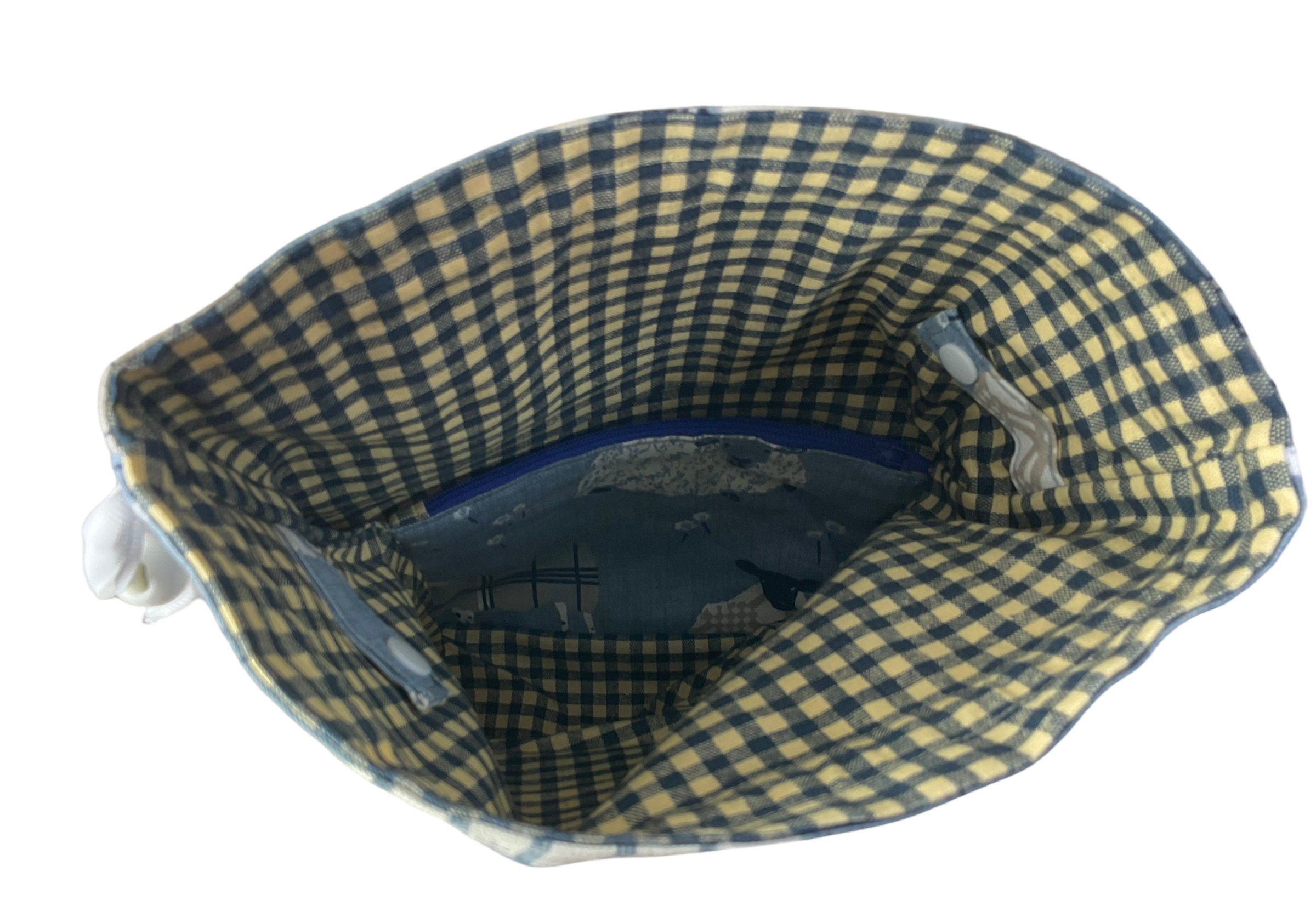 Two at a time knitting bag with tartan/plaid sheep, blue sock sack, drawstring divided, shoe, toiletries pouch, work in progress, WIP