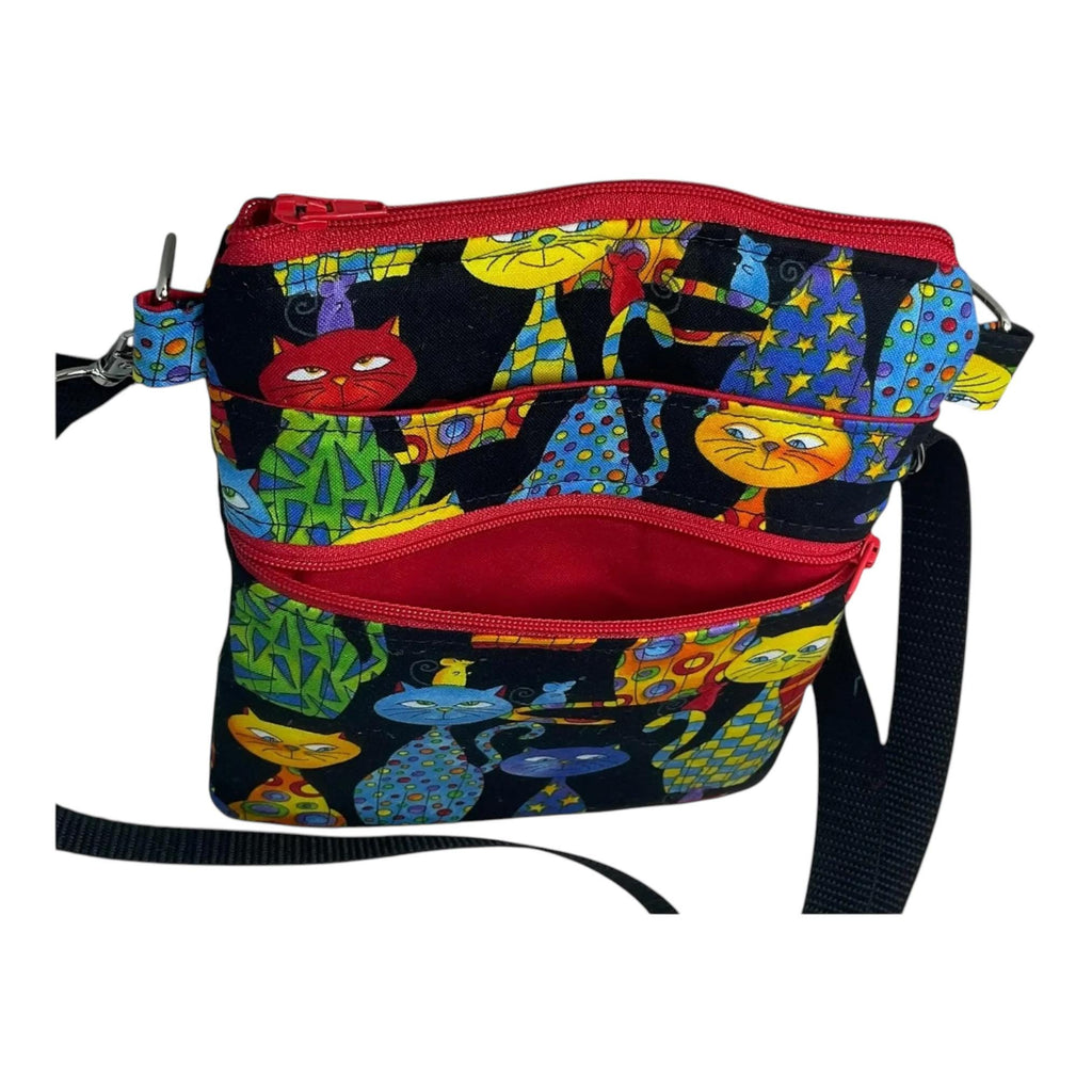 Slim phone shoulder bag with multi pockets and cat print, teen messenger phone pouch, mini clutch bag, clubbing festival bag, cat lover gift