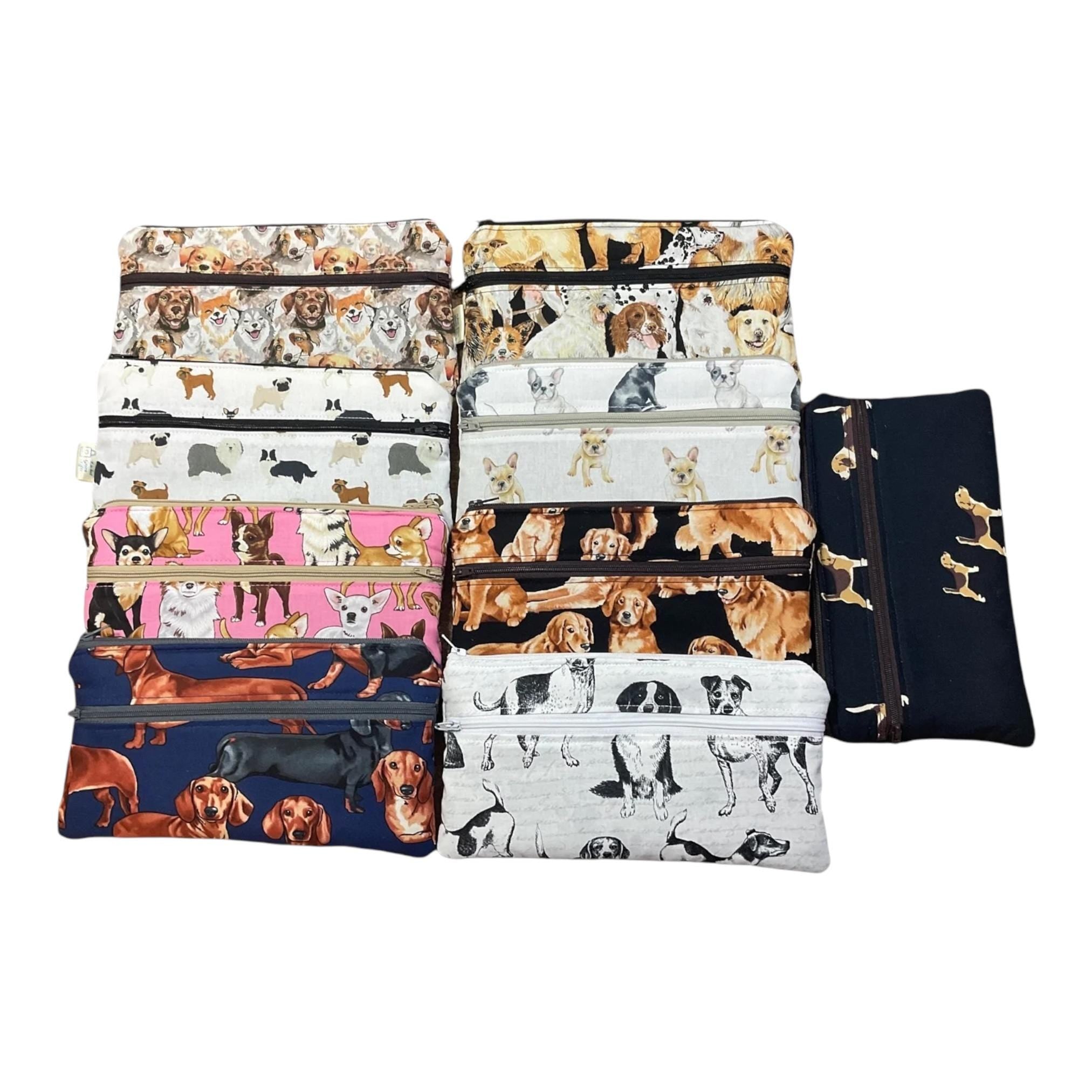 2 pocket zip pouch with various dogs breeds, double pocket case for glasses and phone holder, crafting dog lover gift, water resistant