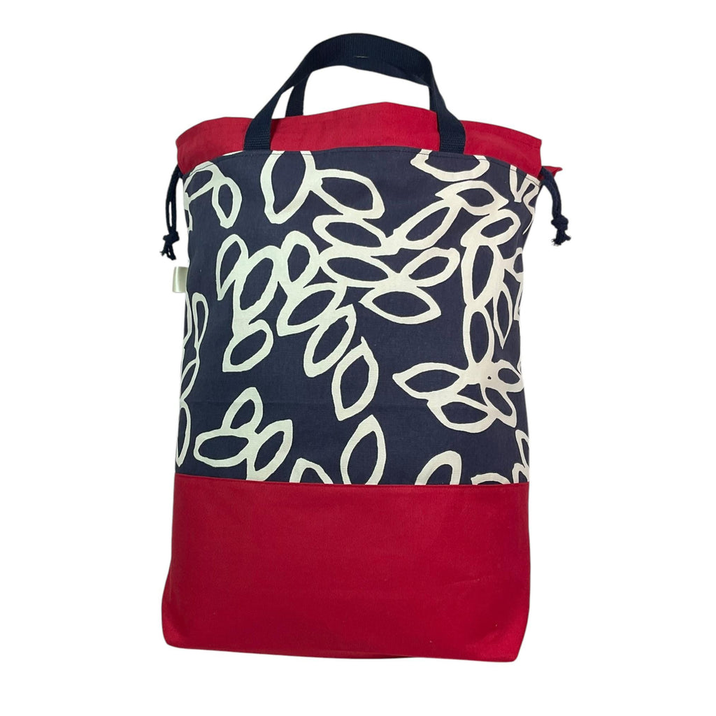 XXL  drawstring knitting bag with abstract print, supersized multi pockets project bag with handles, denim blue and red knitters gift