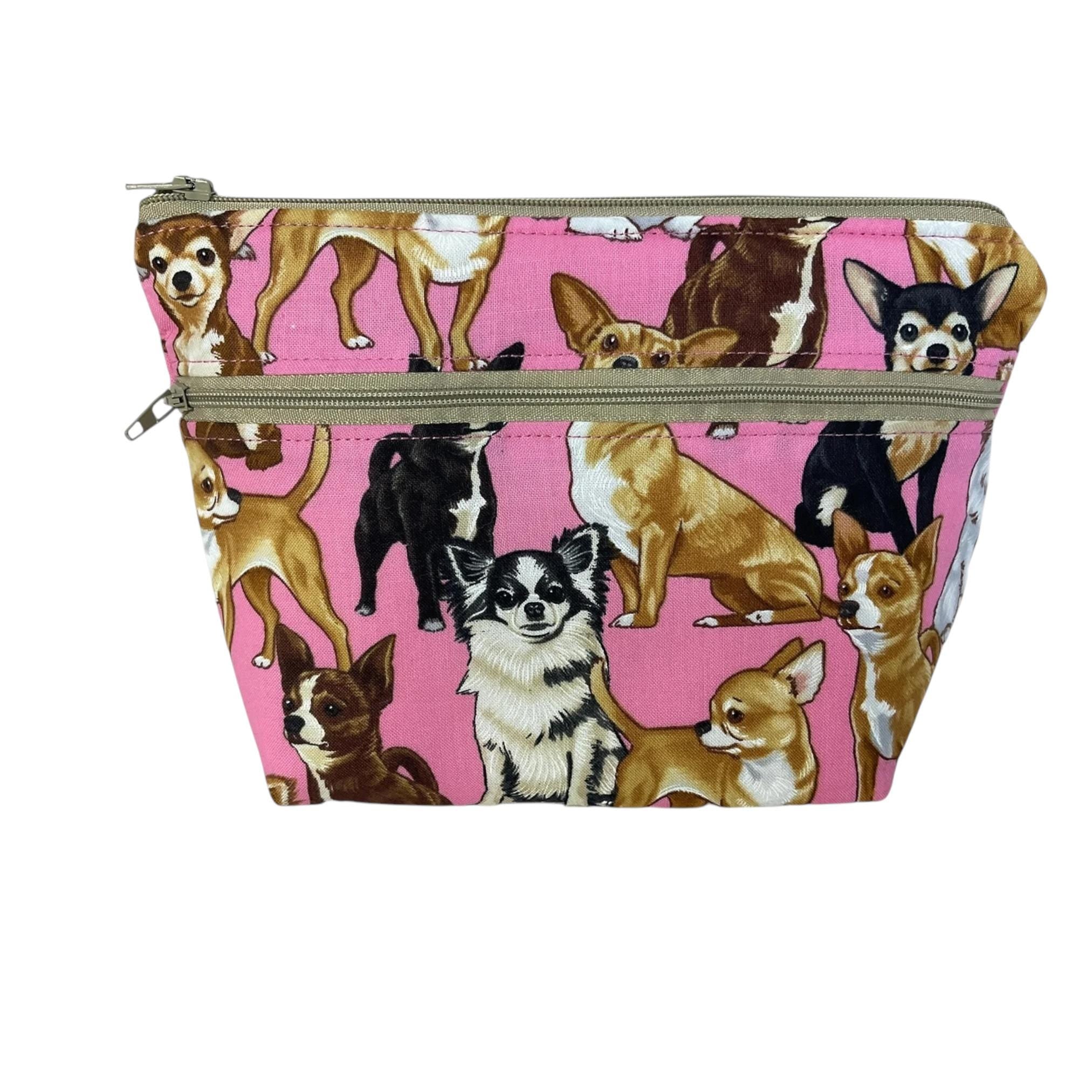 Cosmetics bag with corgi, chihuahua, bulldog, retriever and daschund,  dog breeds print,  2 pockets, water resistant makeup pouch,